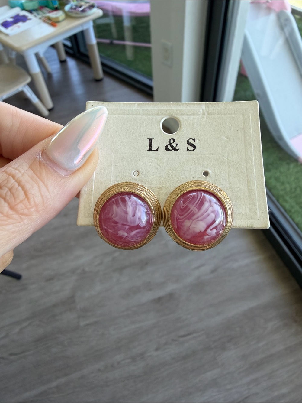 Pink Marbled Dome Stud Earrings with Gold Trim - not real gold - NWT - new